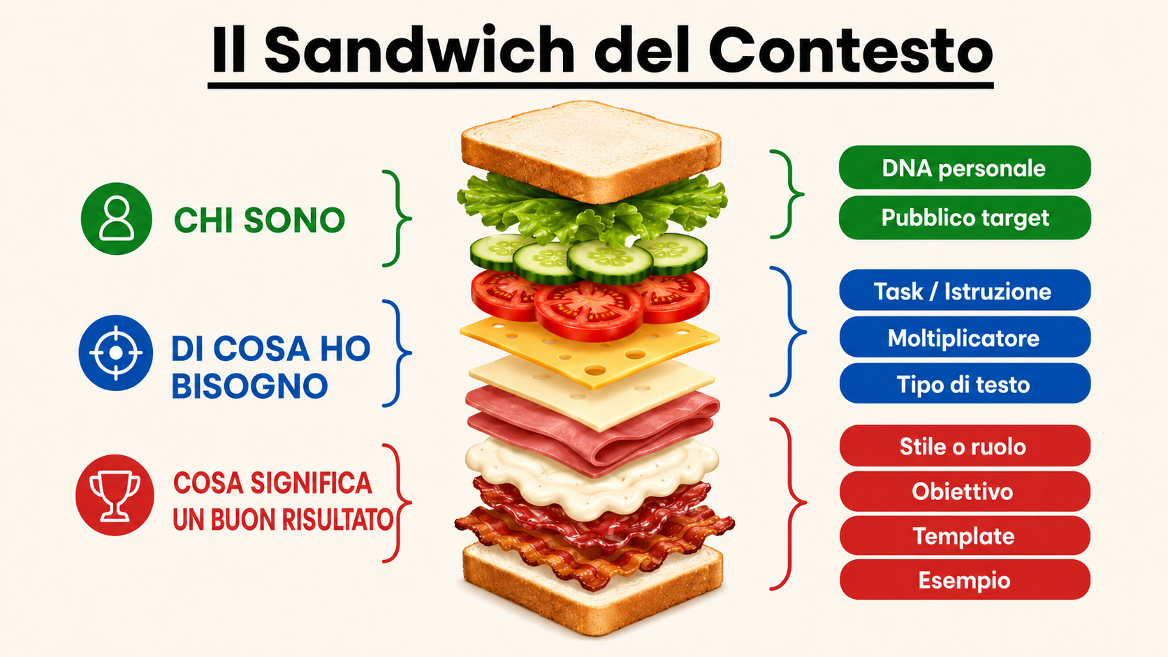 Infografica Il Sandwich del Contesto: chi sono, di cosa ho bisogno e cosa significa un buon risultato.